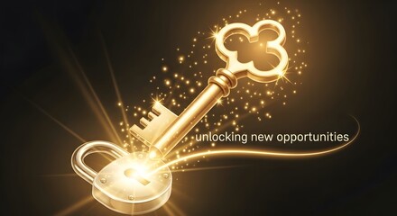 Golden key unlocking a glowing padlock with sparkling light particles and abstract golden trails symbolizing new opportunities