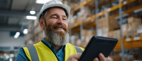 A worker wearing a hard hat and mask is reviewing inventory using a tablet in a well-organized warehouse filled with items