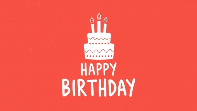 Happy birthday cake with candles and festive lettering on a red background