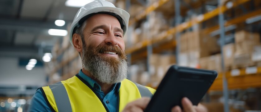 A worker wearing a hard hat and mask is reviewing inventory using a tablet in a well-organized warehouse filled with items - Powered by Adobe