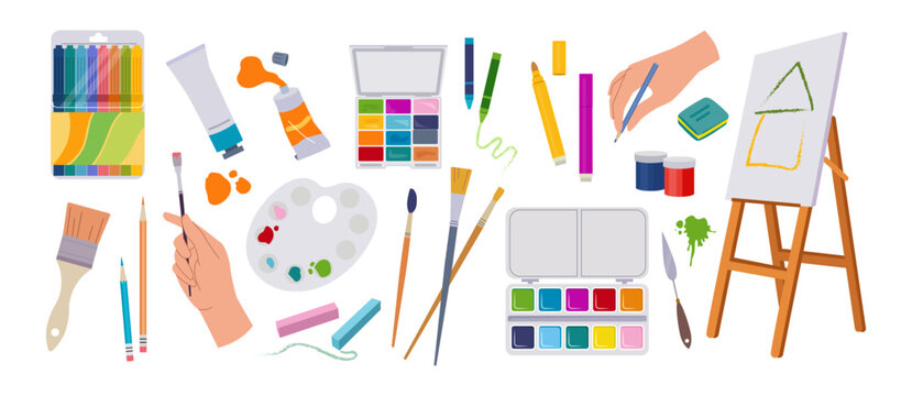 Art tools. Paint brush, easel or craft paintbrush for workshop, painter stationery. Artist equipment, cute pencil, gouache jars and palette. Vector cartoon flat style isolated illustration
