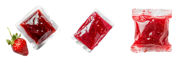 Pouches of delicious strawberry jam a fresh strawberry fruit
