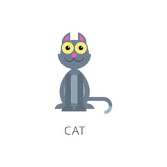 Charming grey feline character illustration featuring big yellow eyes and a happy expression