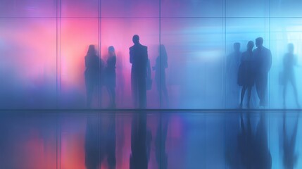 Fototapeta premium Colorful Glass Wall Office Scene With Silhouetted Professionals in Gradient Blue and Pink Lighting – Modern Corporate Lobby Meeting Environment