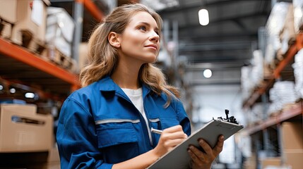 A young woman checks inventory data on a tablet while surrounded by shelves filled with boxes in a warehouse setting