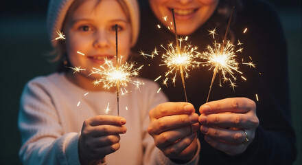 Smiling child with sparklers enjoys holiday celebration, holding bright sparklers in hands. 