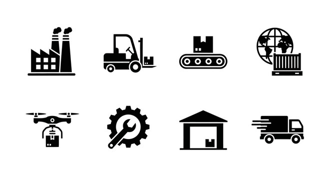 Industrial and logistics icon set: warehouse, delivery, and manufacturing symbols