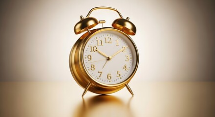 Elegant golden alarm clock with classic design on a reflective surface studio shot