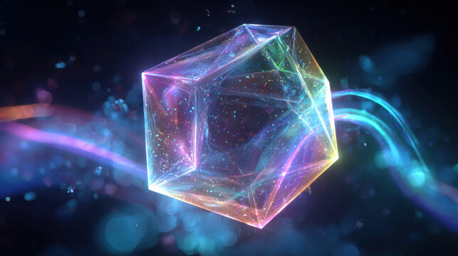 Holographic cube neon light glowing prism abstract 3D cosmic dust vibrant spectrum futuristic energy transparent crystal iridescent glow digital art floating in space with dreamy wonder and depth