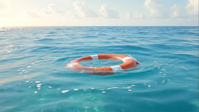 Lifebuoy Floating on Calm Open Sea with Gentle Ocean Waves Under Bright Sunrise Sky for Safety Rescue Emergency and Maritime Survival Footage