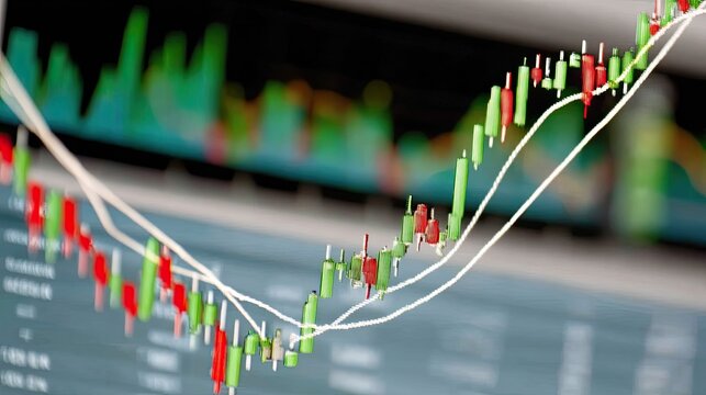 Colorful candlestick chart shows market changes with various indicators illustrating trading activity during market hours - Powered by Adobe