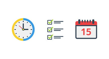 Obraz premium Time management essentials: clock, checklist, and calendar icons for productivity
