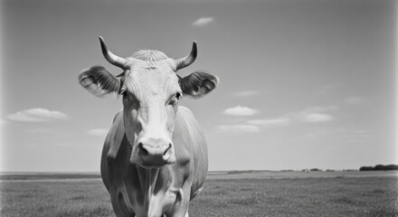Cow Portrait Black and White Sky Field