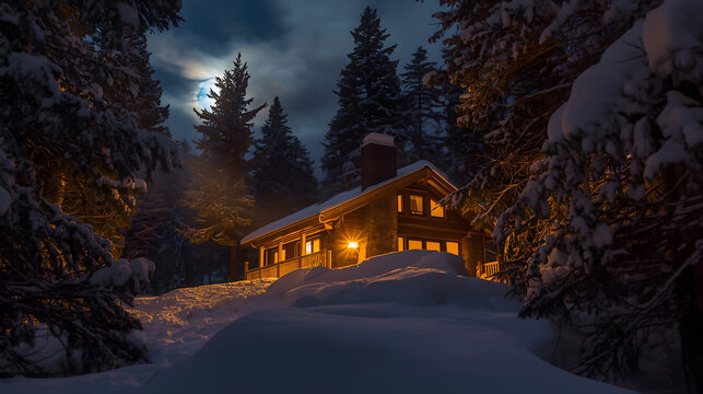Night View of a Mountain Cabin Exterior with Warm Golden Window Light