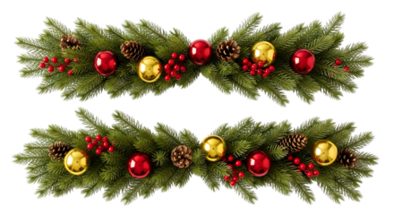Two christmas garlands with pine branches, red berries, pine cones, and red and gold baubles isolated on transparent background