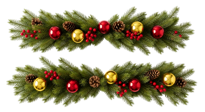 Two christmas garlands with pine branches, red berries, pine cones, and red and gold baubles isolated on transparent background