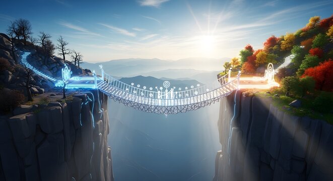 Futuristic cityscape bridging two worlds of nature and technology under a bright sky - Powered by Adobe