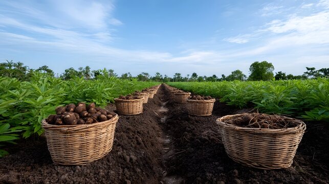 Harvested root vegetables in woven baskets arranged in a farm field under a bright blue sky