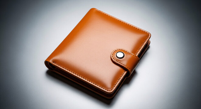 Closeup of a stylish brown leather wallet with a button clasp on a dark surface