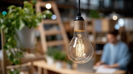 A man is carefully replacing a light bulb in a stylish kitchen, using a ladder for height adjustment during daytime