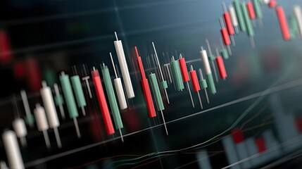 Colorful bar graph shows stock market trends, with coins placed on a desk in a modern business setting