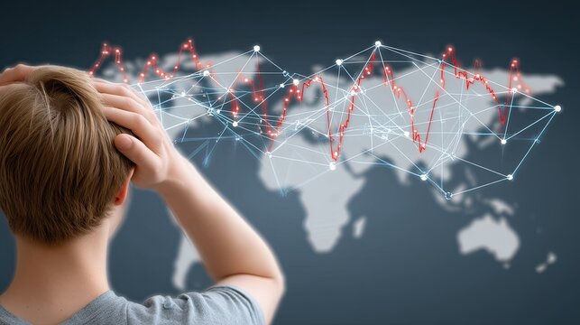 A man appears stressed, covering his face with his hands while analyzing graphs and data related to the global market
