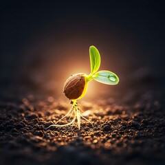 Tiny seedling with glowing roots and vibrant green leaves emerging from dark soil