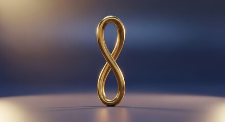 Golden infinity symbol standing upright on a reflective surface with a soft bokeh background
