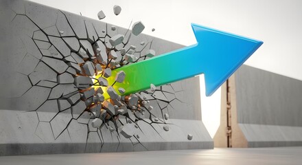 Blue and green arrow breaking through a concrete barrier symbolizing success and overcoming obstacles