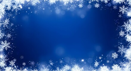Beautiful snowflake border frame on a deep blue winter background with soft bokeh lights