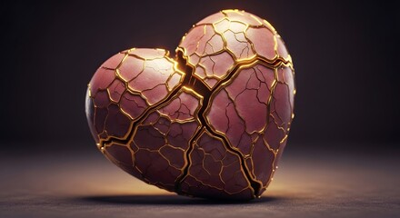 A cracked and broken heart sculpture with intricate gold veins symbolizing fractured love and emotional pain