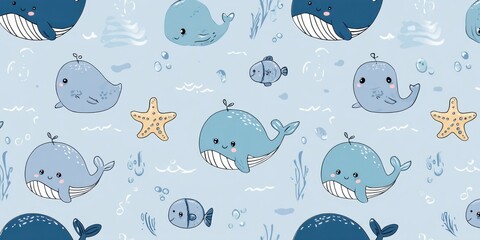 Cute cartoon whales swimming in a playful underwater scene with starfish and bubbles, creating a whimsical marine pattern for children's decor and design projects