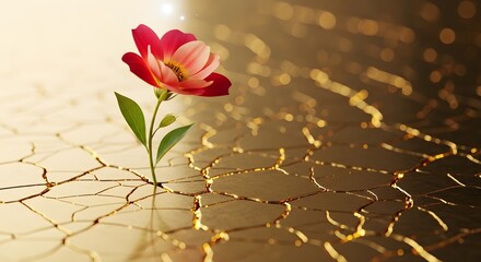 Delicate pink tulip blooming through a textured golden surface with dappled light and shadow