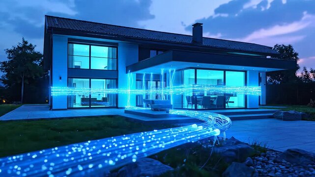 Transparent fiber-optic strands macro-to-wide continuous animation, 8-second cinematic shot