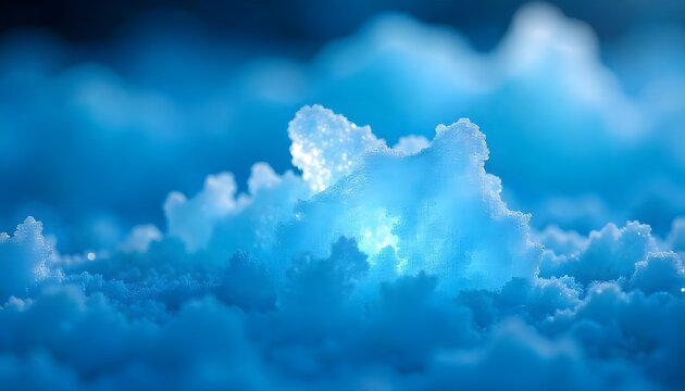 Close up macro shot of shimmering translucent ice crystals forming intricate abstract patterns with a vibrant blue background