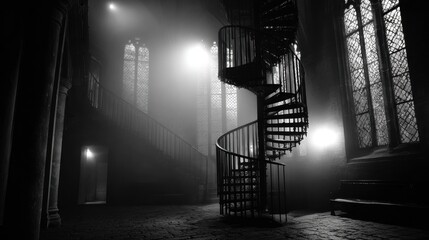 Atmospheric black and white interior featuring ornate spiral staircase in abandoned Gothic church with dramatic light beams streaming through tall arched windows