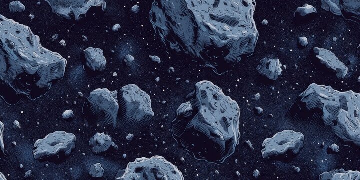 Asteroid field illustration featuring various rocky asteroids floating in a dark cosmic space, surrounded by distant stars and celestial elements, creating a sense of vastness and mystery