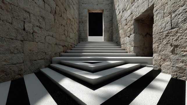 The image presents a stylish black and white staircase leading to an open doorway within a textured stone wall, embodying themes of transition, opportunity, and the allure of unknown paths ahead.