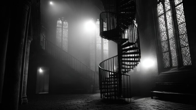 Atmospheric black and white interior featuring ornate spiral staircase in abandoned Gothic church with dramatic light beams streaming through tall arched windows