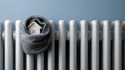 Small house model wrapped in a soft scarf sits on a table next to a radiator in a modern indoor space, creating a warm atmosphere
