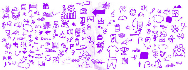 Blue pen scribble and doodle collection. Blue pen lines, arrows and scribbles at grid notebook background. Crayon drawn note doodles for hand drawn diagram, infographic and journaling.