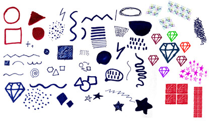Blue pen scribble and doodle collection. Blue pen lines, arrows and scribbles at grid notebook background. Crayon drawn note doodles for hand drawn diagram, infographic and journaling.