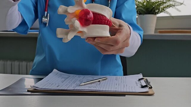 Health professional explains spine hernia anatomy and its functions with a detailed model
