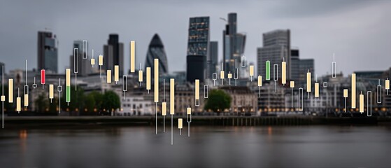 Rising bar graphs illustrate financial growth against a world map and a bright sunrise over a city skyline