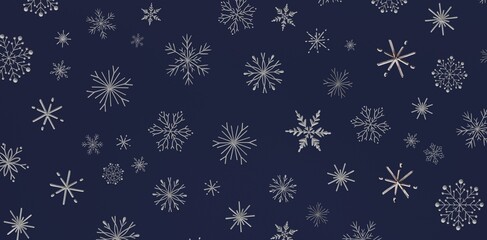 Elegant winter background featuring a repeating pattern of snowflakes on a dark blue backdrop. Perfect for holiday design, s