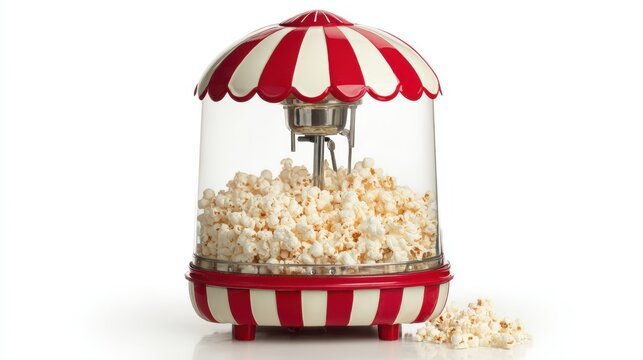 Vintage popcorn maker machine with red and white striped carnival design filled with fresh popped kernels, nostalgic cinema style snack appliance for home - Powered by Adobe