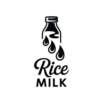 Simple black and white line art logo of a bottle with dripping rice milk