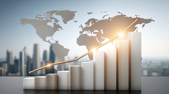 Rising bar graphs illustrate financial growth against a world map and a bright sunrise over a city skyline