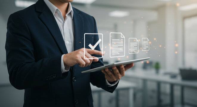 Professional manager using tablet to review digital documents and tasks, showcasing efficient workflow and modern office technology for business success.