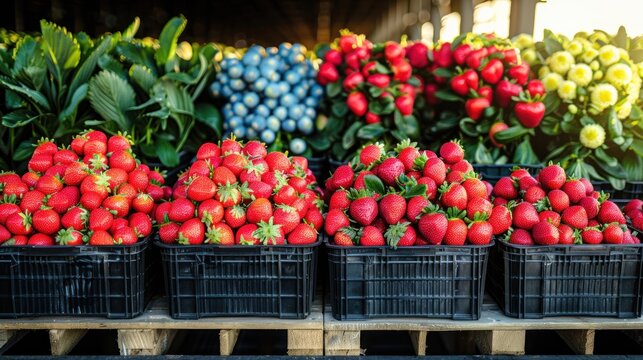 Baskets filled with bright strawberries and vibrant flowers create a lively market scene